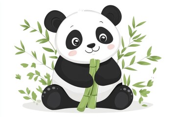 Obraz premium Cute panda holding bamboo surrounded by green leaves in a playful and colorful design suitable for children