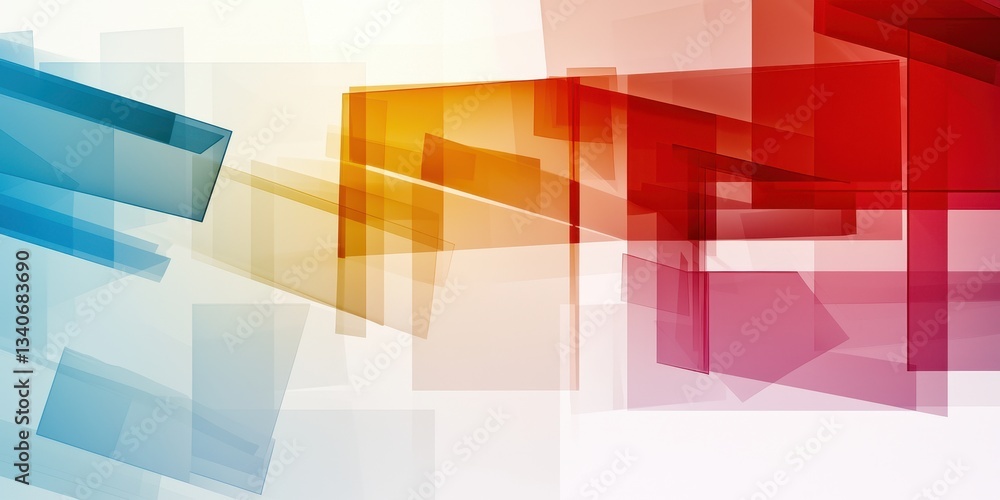 Poster A vibrant abstract design featuring overlapping transparent shapes in shades of blue, orange, and red, creating a dynamic visual effect.