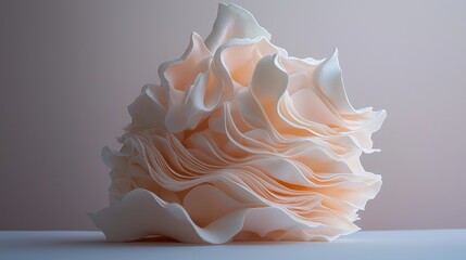 3d rendering of a large, abstract sculpture. the sculpture is made up of multiple layers of white fabric, creating a ruffled and textured appearance.