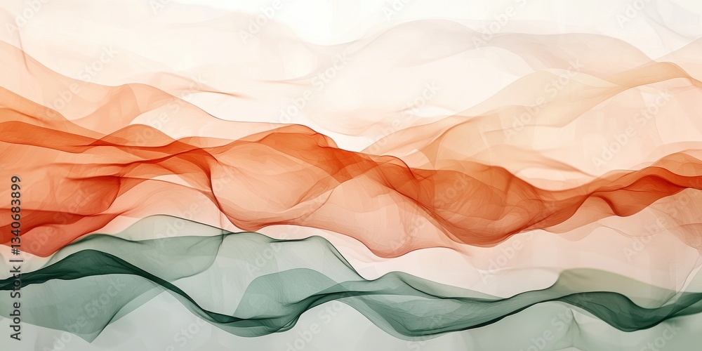 Poster A flowing abstract design featuring soft waves of orange, green, and beige colors, creating a serene and dynamic visual effect.