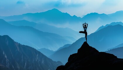 Serene Yoga Practice on Mountain Peak with Majestic Blue Mountains in Background