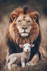 Fototapeta premium Lion and lamb sitting together in serene nature, wildlife companionship, harmony, friendship, Earth Day, animals in peaceful coexistence, majestic beauty.