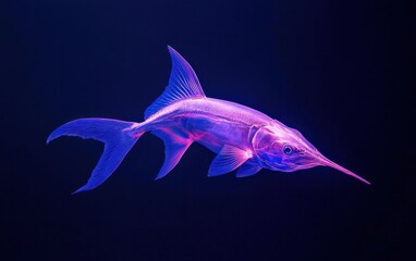 A vibrant pink and purple swordfish composed of interconnected dots and lines against a dark blue backdrop. The fish appears to be glowing