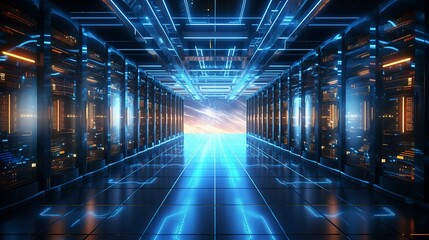 A photo of a computer server room with dynamic lighting