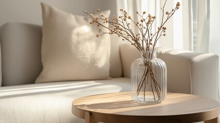 Modern living room with a beige sofa and a round wooden coffee table in front of it. on the coffee table, there is a glass vase with a bunch of dried flowers in it.