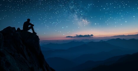 Serene Silhouette of Person Sitting on Rock Under Twinkling Starry Sky