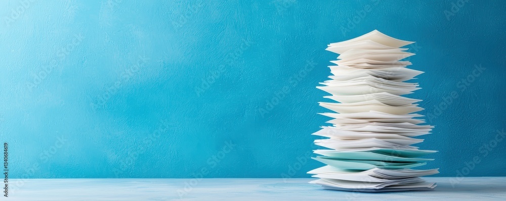 Poster A stack of assorted papers against a blue backdrop, creating a minimalist yet organized aesthetic.