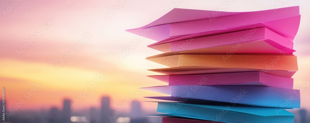 Poster a stack of colorful paper sheets is set against a vibrant sunset, blending creativity and warmth in 