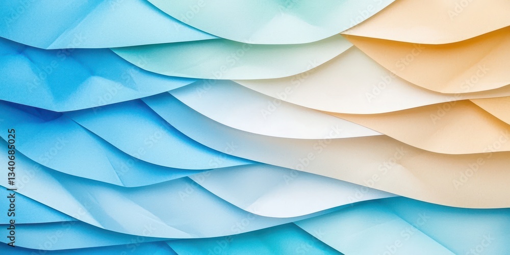 Poster A serene composition of layered paper waves in soft blue and beige hues, creating a calming visual effect.