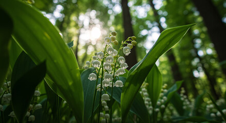 Obraz premium Collecting lilies of the valley in the forest, Low-angle view of blooming lilies of the valley with sunlight in the background