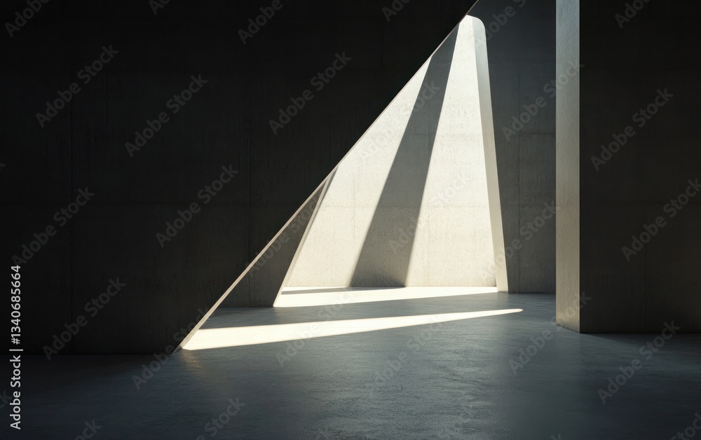 Poster sunbeams illuminate a minimalist gray concrete interior with geometric shapes and triangular opening