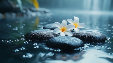 Ultra-Realistic Image of Smooth Black Zen Stones in Still Water