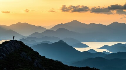 Majestic mountain landscape at sunset, hiker silhouette on peak, breathtaking views, adventure travel, nature exploration, outdoor photography, scenic beauty.