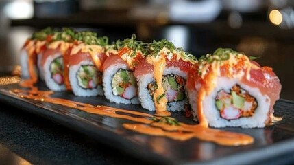Artistic presentation of sushi rolls with delicate garnishes and vibrant sauces, reflecting precision and elegance in fine dining