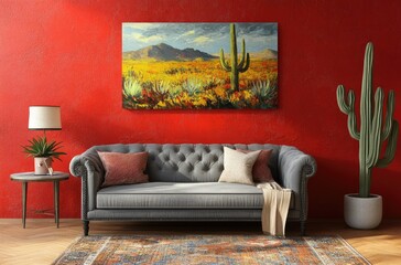 Red wall with a grey sofa and a black side table near a painting of a cactus on a red background in a modern interior design home decor setting