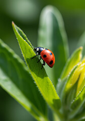 Fototapeta premium Collecting lilies of the valley in the forest, A ladybug perched on a green leaf in a warm sunlight environment showcasing nature's details