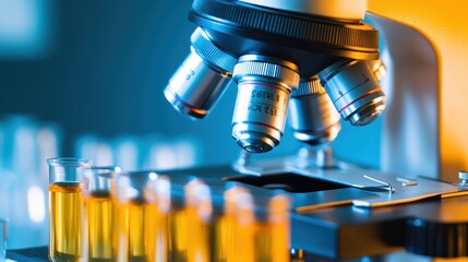 Microscope analyzing test tubes, laboratory research, science experiment, DNA testing, medical innovation, World Health Day, biotechnology, health care advancements.