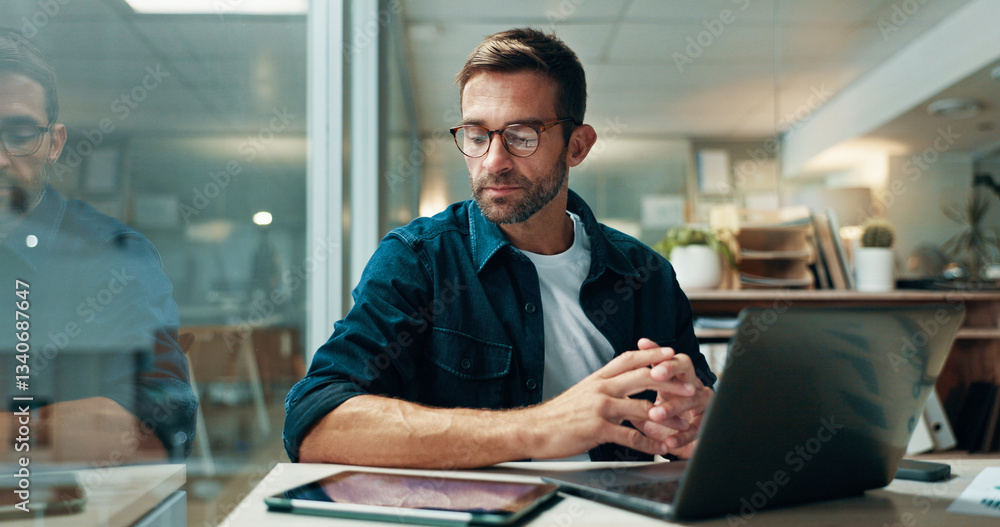Poster tablet, thinking and business man in office for solution or creative decision on laptop. planning, r