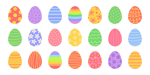 Big collection of colorful illustrations for Easter day. Various colored Easter eggs with patterns. Cute vector illustation.