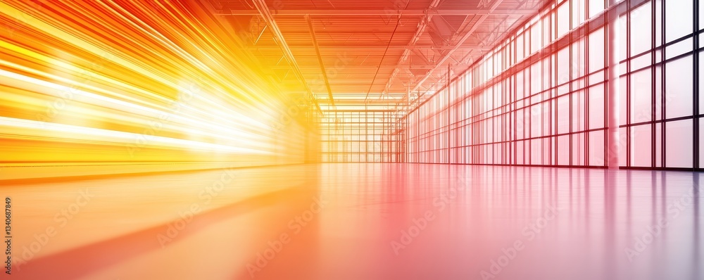 Poster a vibrant, modern interior with expansive windows, showcasing a dynamic interplay of light and color