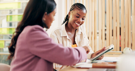 Education, teamwork and women with tablet, classroom and studying for exam with info, reading and online. Learning, collaboration and people in college with tech, research or smile for knowledge