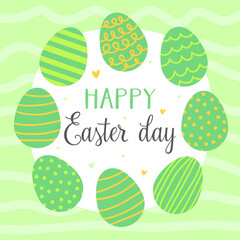 Happy Easter day. Cute card for Easter. Various green Easter eggs with patterns on a light green background.