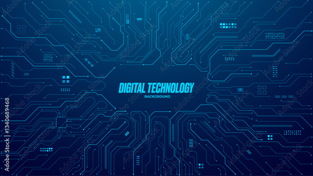 Poster Digital technology background. Circuit board with chip, semiconductor, and processor. AI and tech innovation concept. Abstract blue futuristic bg. Motherboard on backdrop banner. Vector illustration.