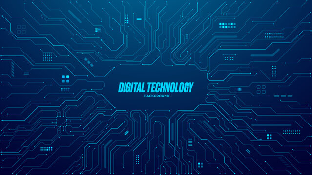 Digital technology background. Circuit board with chip, semiconductor, and processor. AI and tech innovation concept. Abstract blue futuristic bg. Motherboard on backdrop banner. Vector illustration.