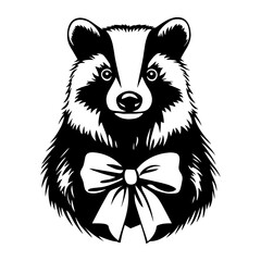 Simple badger with bow ribbon on outline icon linear illustration stencil animal vector