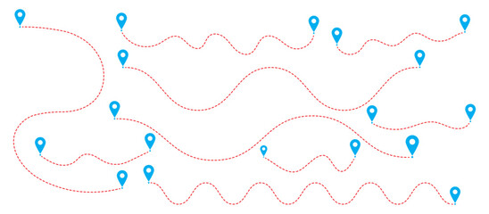 route icon. map pointer. location, pin, gps, roadmaps. Route location icon on white background. Start and end jurney signs symbols. Path travel dotted line trip dashed trace destination track plan 
