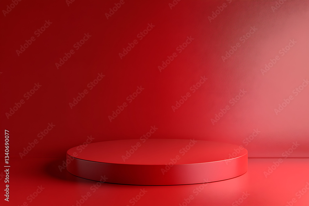 Poster bright red round podium display with matching background backdrop