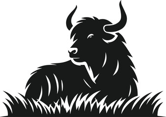 Yak sitting peacefully in a grassy field animal vector silhouette
