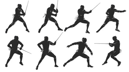 Silhouetted figures in various fencing poses, demonstrating combat techniques with swords.