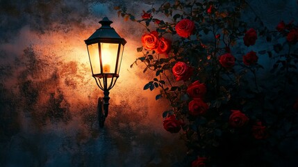 A vintage lamp illuminates roses against a textured backdrop.
