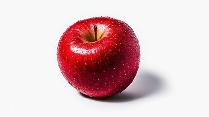 A Single Red Apple, glistening with water droplets, set against a stark white backdrop.  The vibrant red hue and flawless texture create a visually appealing image that speaks of freshness and health.