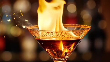 A flaming cocktail in a stylish glass with a blurred bar background, showcasing vibrant nightlife