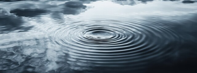 Water surface ripples creating concentric circles with sky and cloud reflections on a grey day