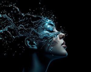 A mystical woman with a face made of flowing water, droplets suspended mid-air, soft ethereal glow, dreamlike realism, highly detailed