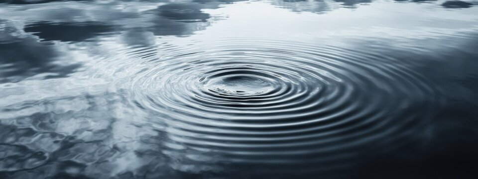 Water surface ripples creating concentric circles with sky and cloud reflections on a grey day