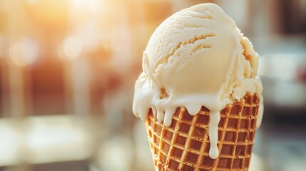 A classic vanilla ice cream cone slowly melting under the warm sunlight