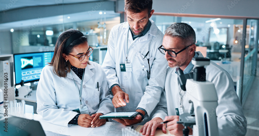 Poster medical, science and tablet with people in laboratory together for breakthrough or development. feed