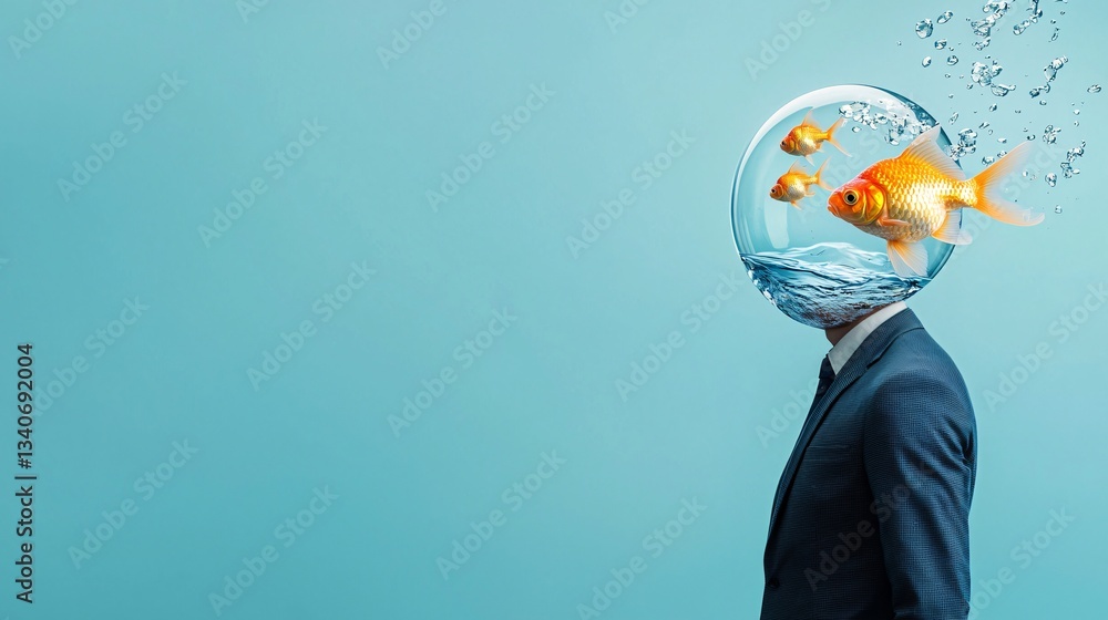 Poster surreal profile of a man whose head is an empty fishbowl, filled with floating goldfish, water refle