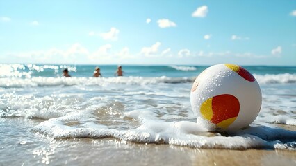 A beach scene featuring a colorful beach ball resting in the sand near the waves, with people in the background enjoying the water. Concept Beach Scene, Colorful Beach Ball, Sandy Shore