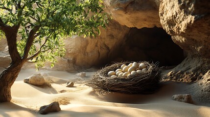 Bird's nest with eggs nestled in a desert cave, sunlight illuminating the scene.