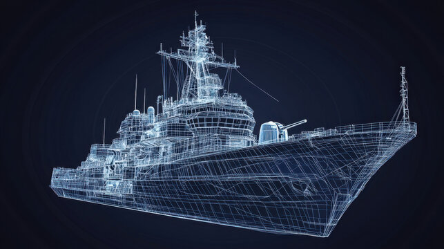Detailed wireframe representation of an advanced military warship highlights its structural engineering and combat features effectively