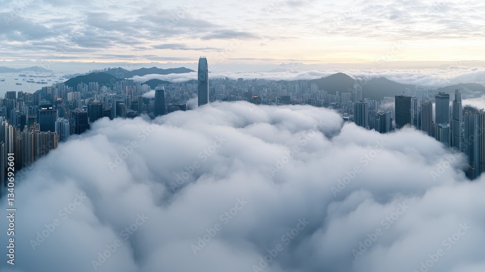Aufkleber a breathtaking aerial view of a city skyline emerging from a blanket of clouds, creating a surreal, 