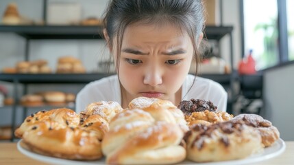 Young Girl Disappointed by Pastries on Table at Bakery Display