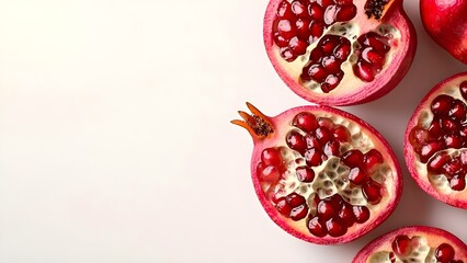 Halved pomegranates showcasing juicy red seeds with a pale background. Concept Pomegranate Art, Juicy Seeds, Fruit Photography, Minimalist Background, Color Contrast