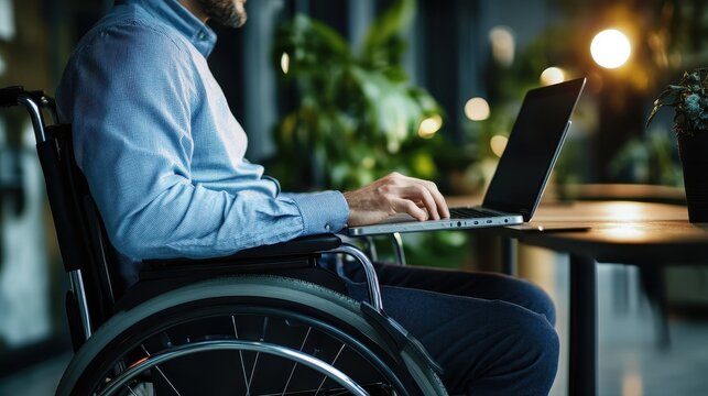 Professional man in wheelchair working on laptop, empowering disability representation, modern office setting, career growth, inclusivity, technology use.