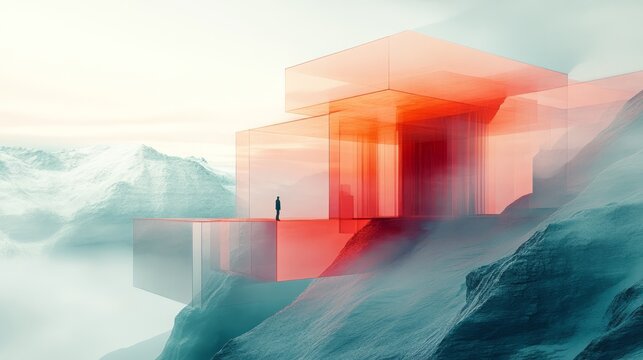 Man stands before modern architecture overlooking mountainous ethereal landscape